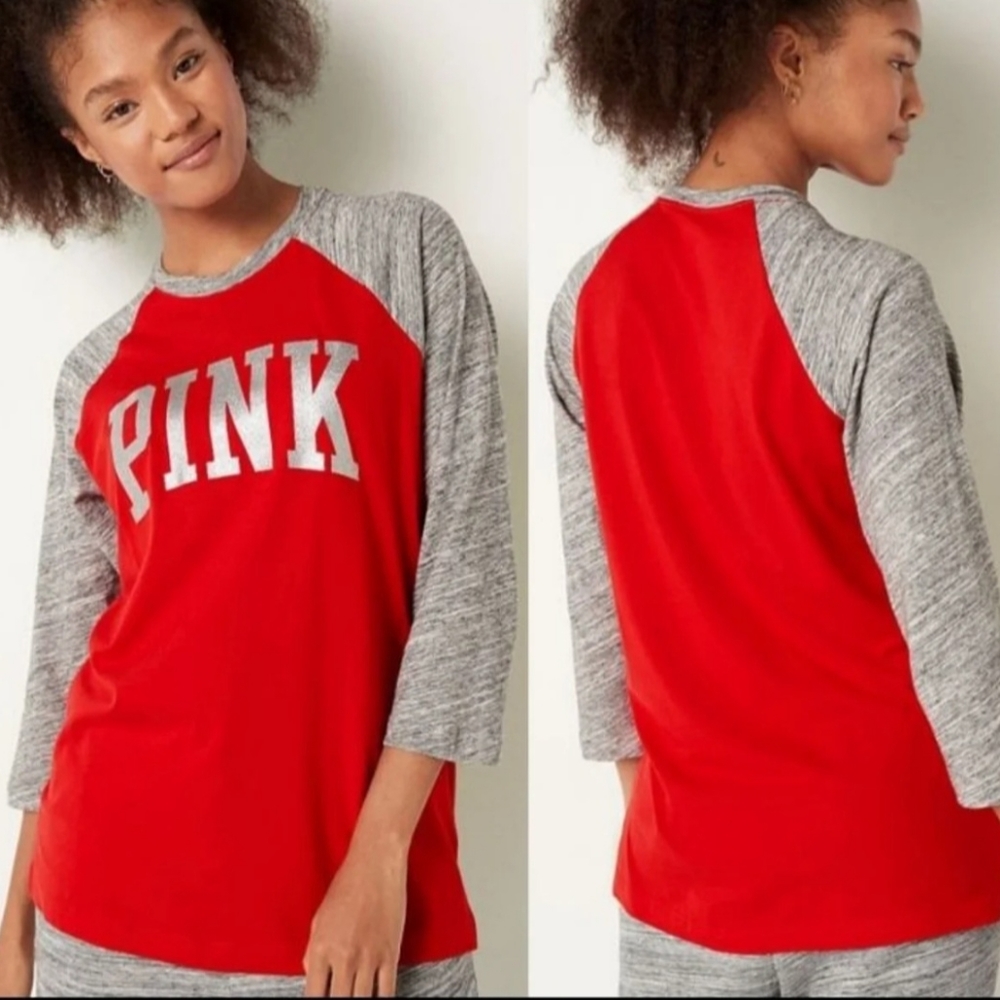 New Victoria's Secret PINK Campus Baseball Tee tshirt bling red